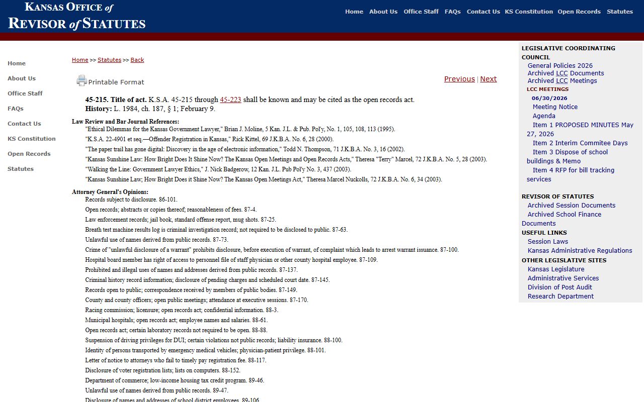 Wyandotte County Clerk records Kansas Open Records Act policy