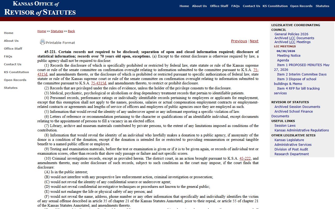 Wyandotte County Clerk records Kansas Open Records Act exceptions