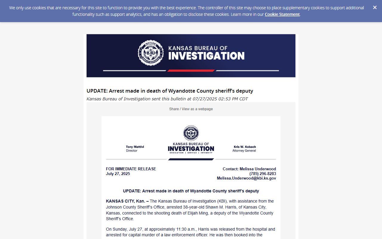 Wyandotte County arrest records and court charges Kansas Bureau of Investigation release