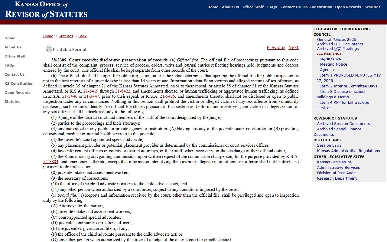 Wyandotte County arrest records and court charges juvenile record limits under K.S.A. 38-2309