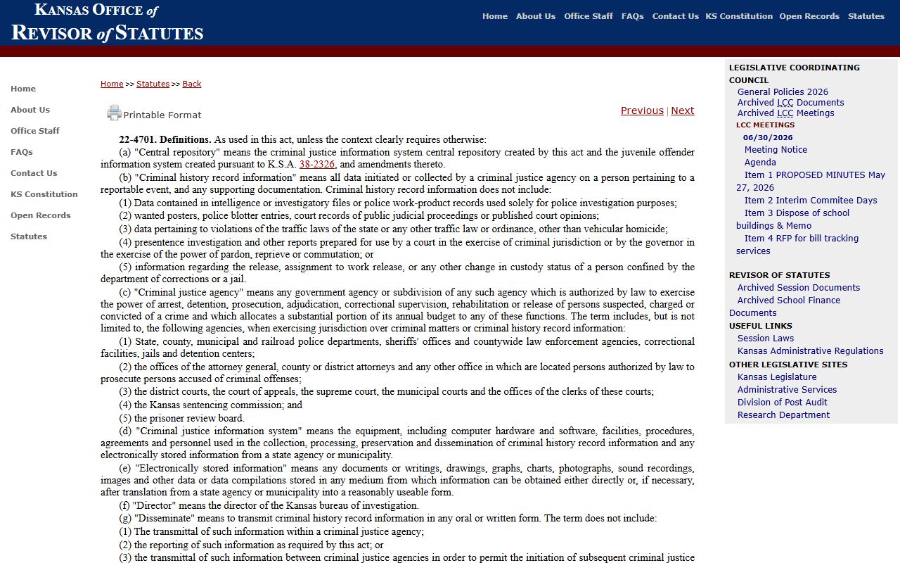 Wyandotte County arrest records and court charges K.S.A. 22-4701 criminal history definitions