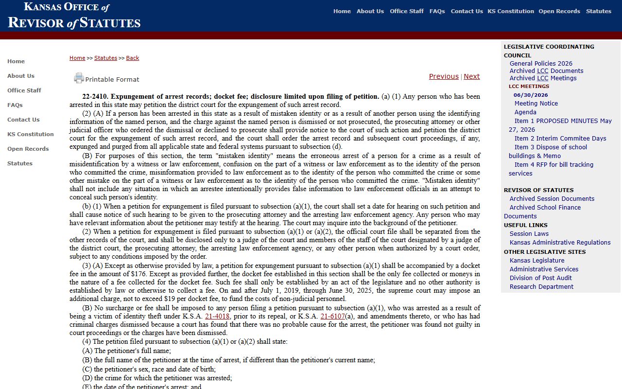 Wyandotte County criminal court records K.S.A. 22-2410 arrest expungement statute