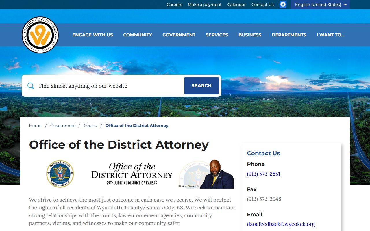 Wyandotte County criminal court records District Attorney page