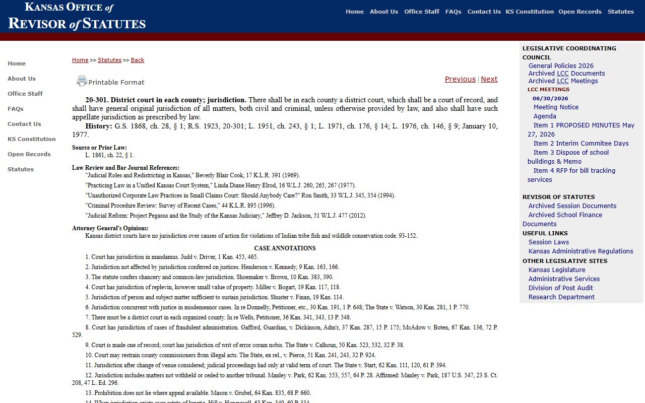 Wyandotte County District Court K.S.A. 20-301 jurisdiction statute