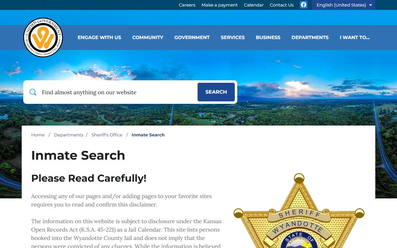 Wyandotte County inmate search landing page for jail roster