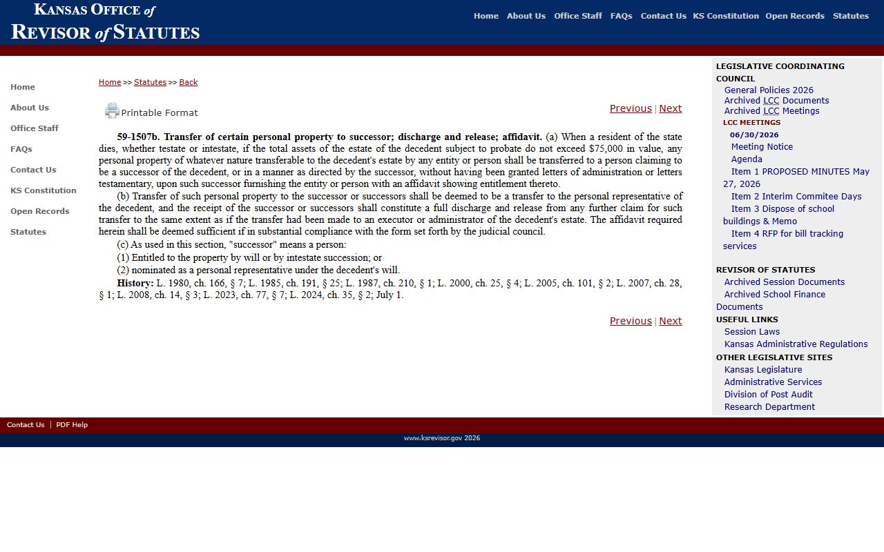 Wyandotte County probate records small estate affidavit statute