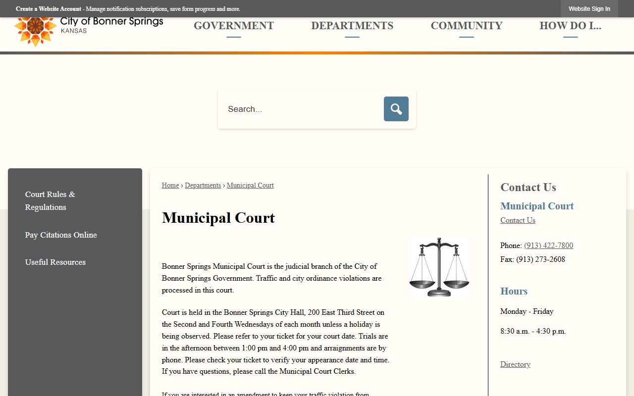 Wyandotte County traffic court records Bonner Springs Municipal Court page