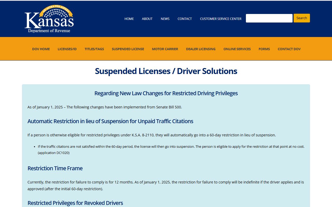 Wyandotte County warrant records Kansas Driver Solutions license status page